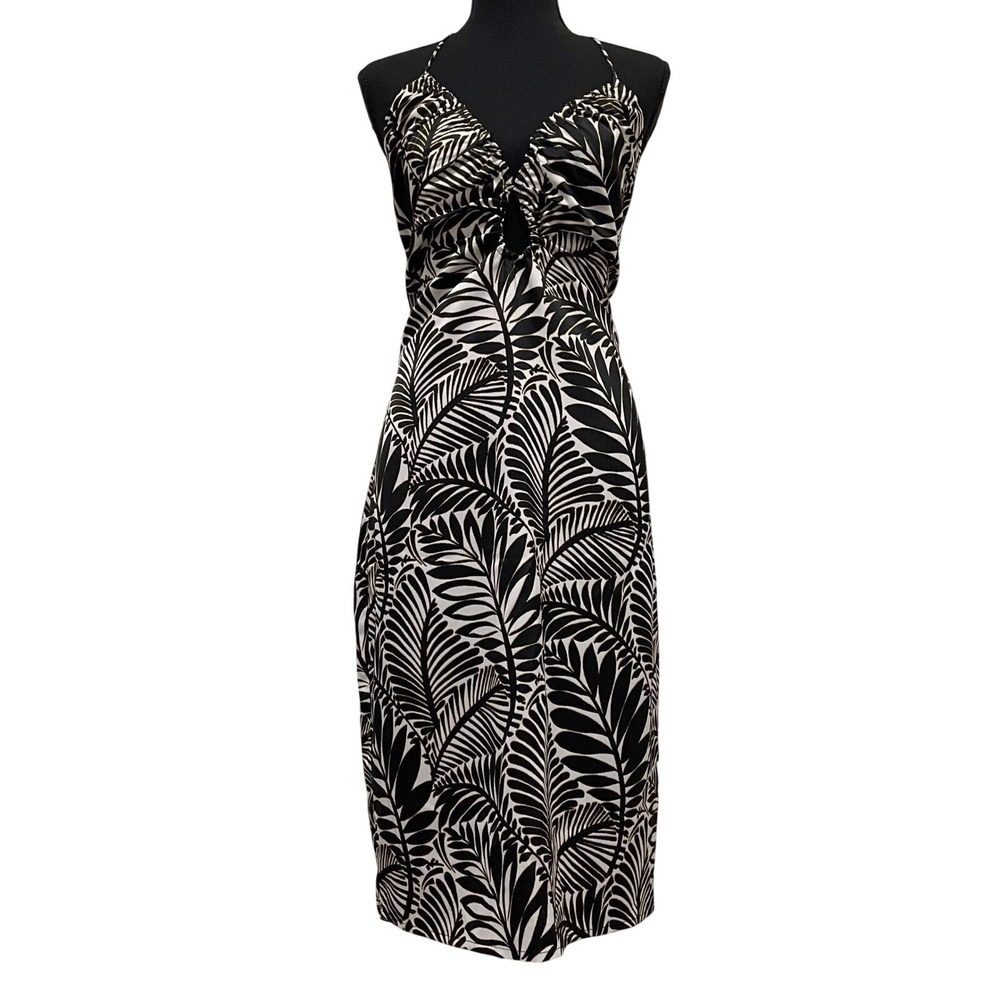 Avec Les Filles Halter Midi Dress Palm Leaf Tropical Size 10 Satin Black Gold
